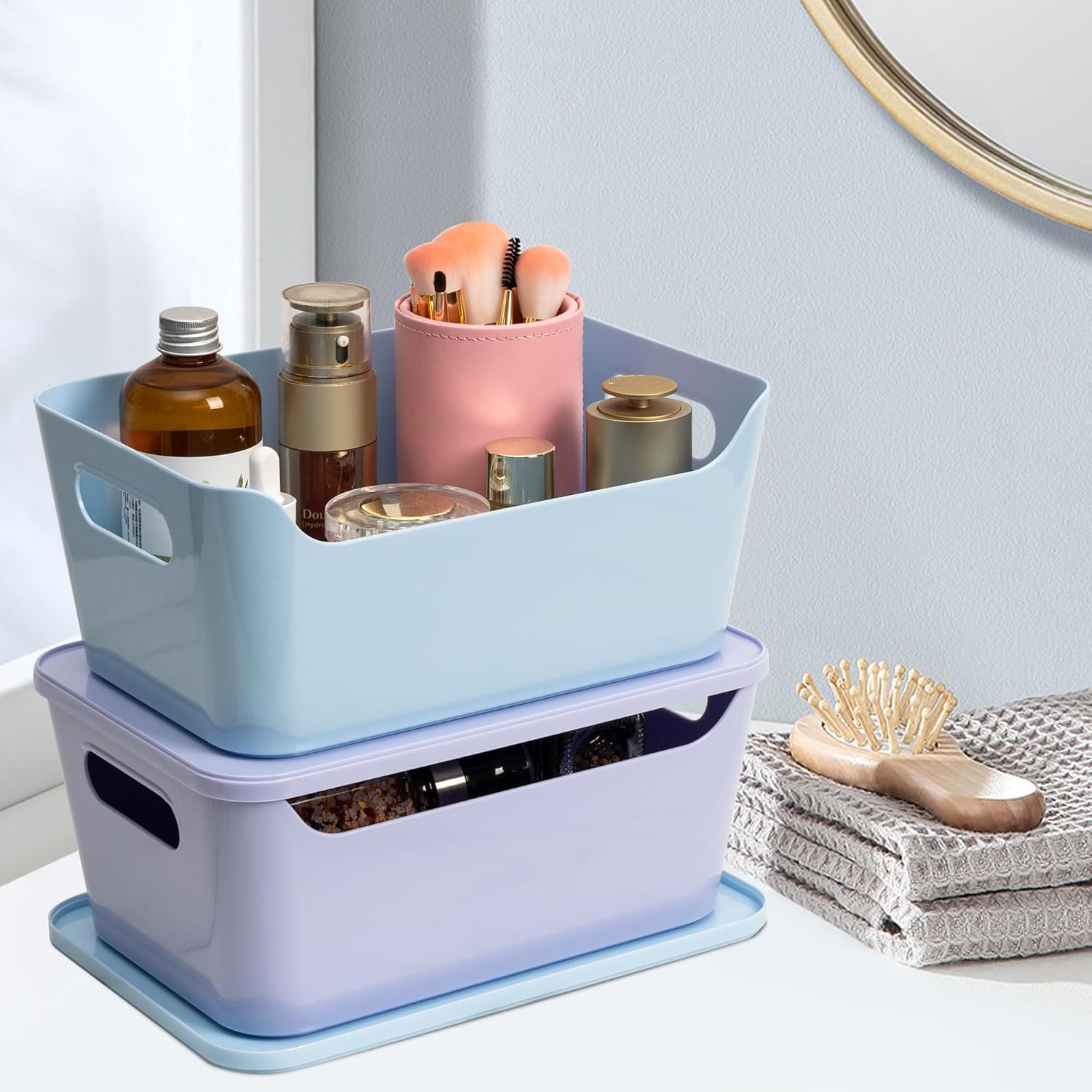 Tiawudi 12 Pack 4.5L Storage Bins with Lids, Plastic Storage Baskets for Home Classroom Organization, Multi-Use Organizer Bins for Cabinet, Pantry, Drawer, Countertop or Shelves, Colorful Containers