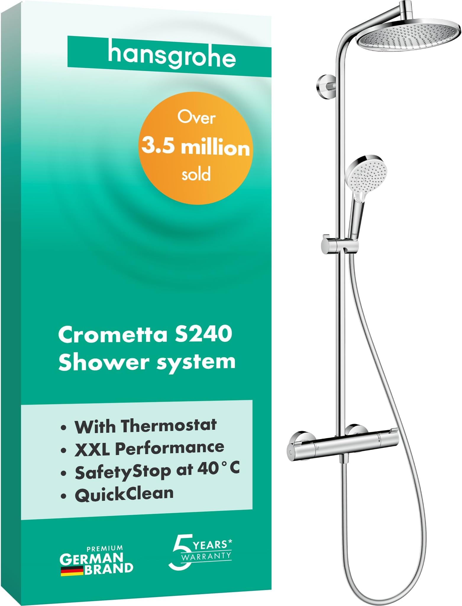 Crometta S Shower System With Thermostat, Rainfall Head (⌀ 240 mm), Hand Shower (2 Sprays), Hose, Rail and Round Head (1 Spray), Chrome