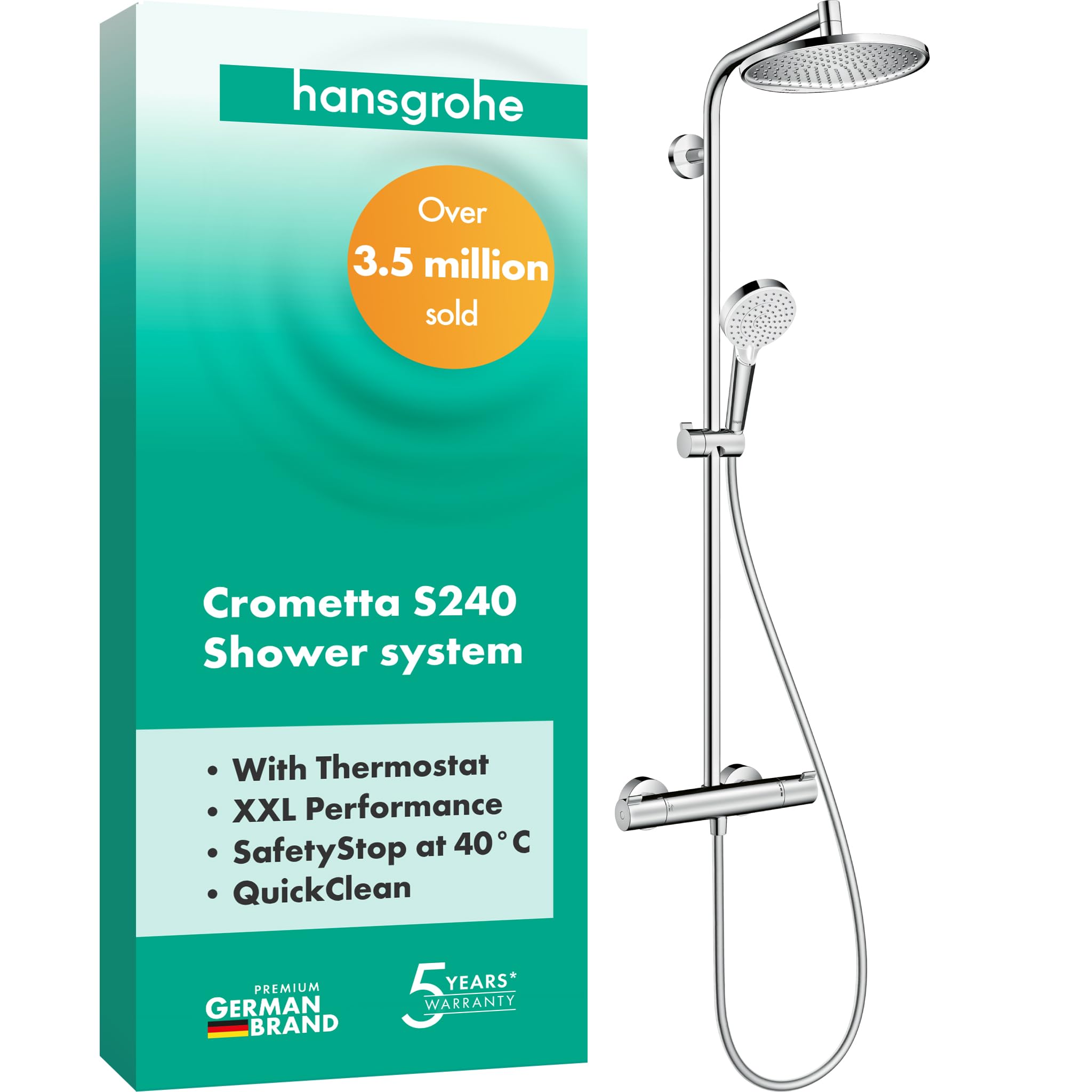 Crometta S Shower System With Thermostat, Rainfall Head (⌀ 240 mm), Hand Shower (2 Sprays), Hose, Rail and Round Head (1 Spray), Chrome