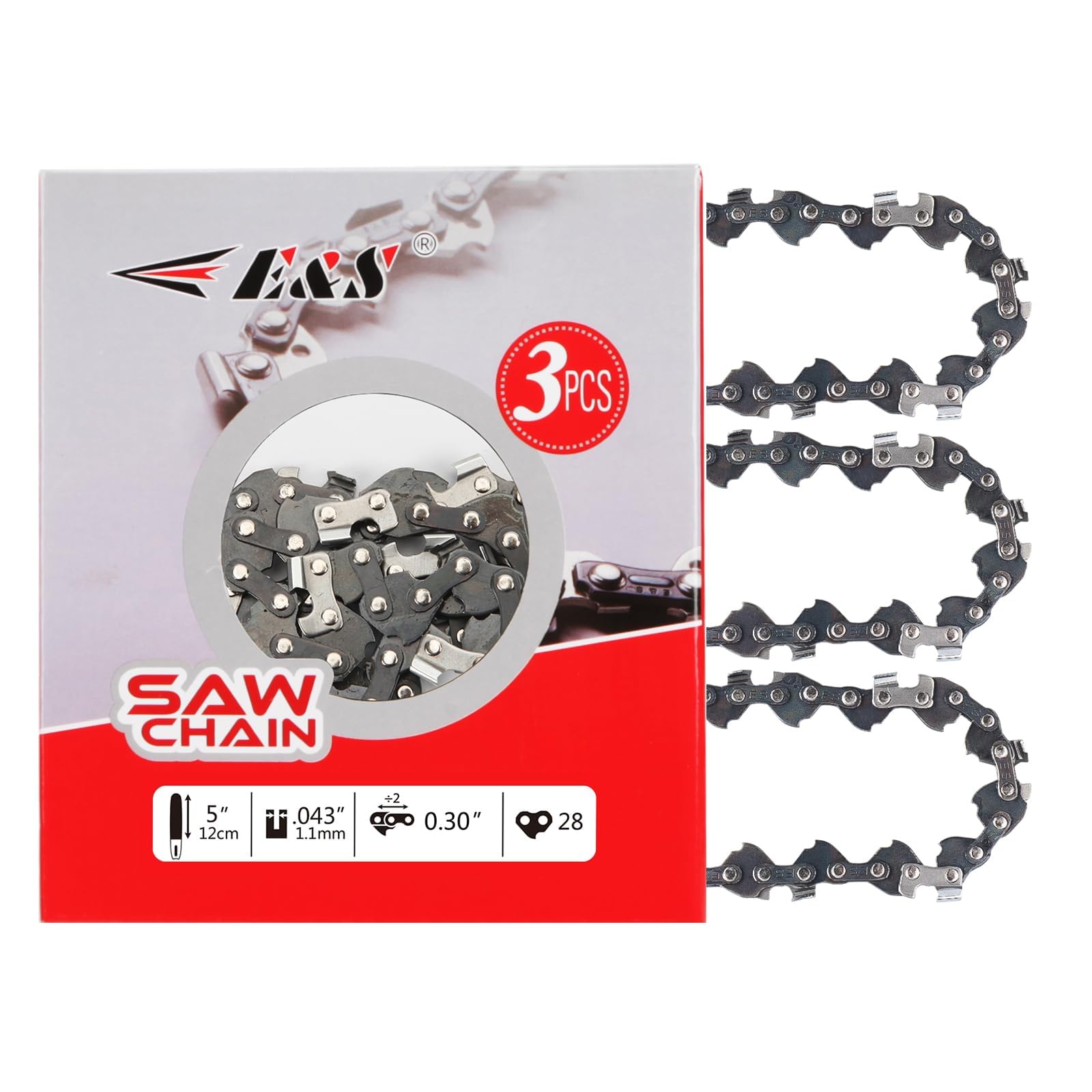 E & S 3 Pack 5 Inch Chainsaw Chain 0.30" Pitch .043" Gauge 28 Drive Links Semi-Chisel Chain Saw Chains for Husqvarna, Poulan, Craftsman, Greenworks and More Chainsaw Brands