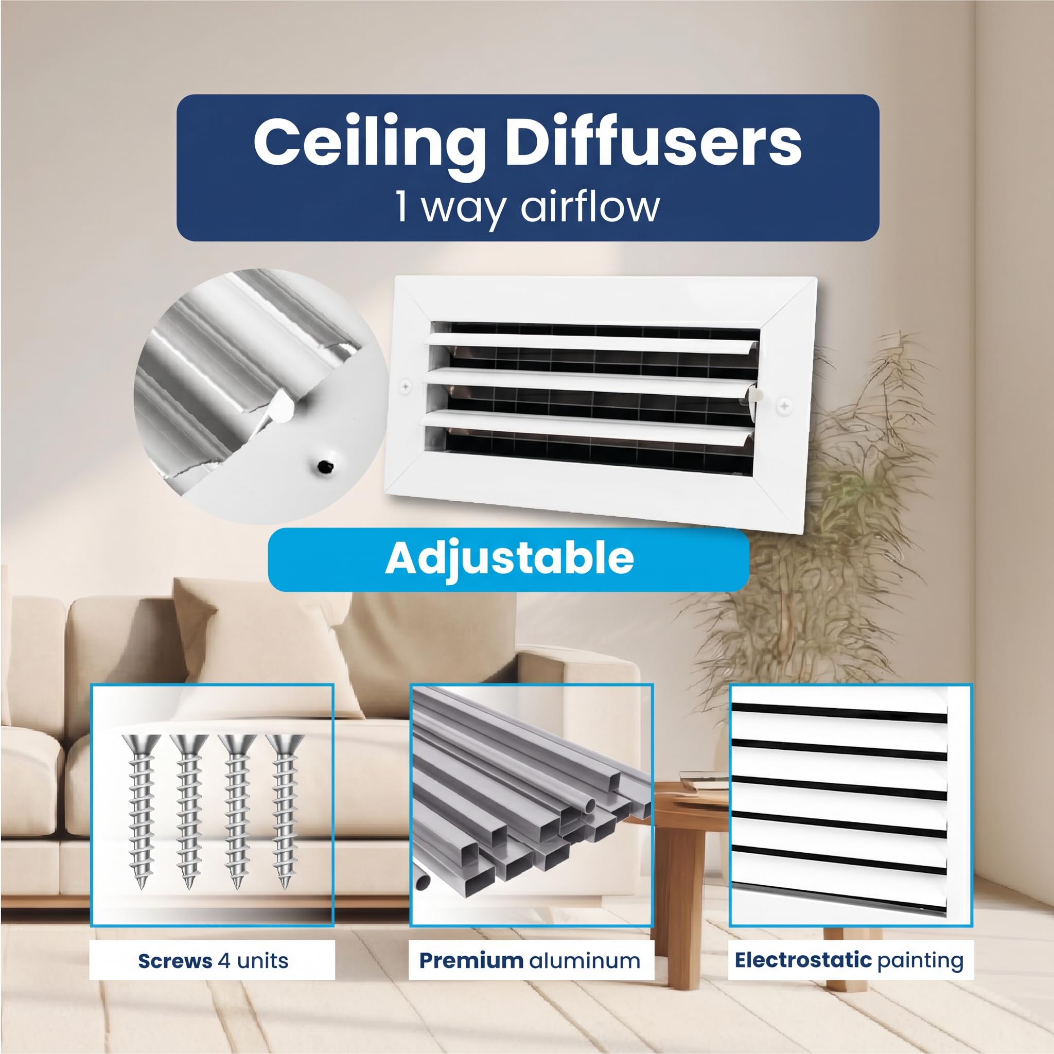 Copertura di ventilazione a 1 via in alluminio: diffusore di alimentazione dell'aria a lama curva regolabile - 35,6 x 35,6 cm - Guarnizione in plastica per una vestibilità aderente, flusso d'aria