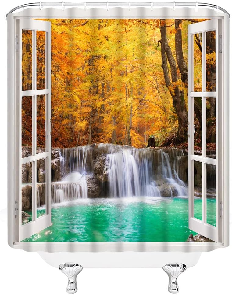 Waterfall Shower Curtain Nature Green Forest Tree Spa Water Lake Landscape Jungle Rainforest Green Jungle Fabric Bathroom Curtains Decor Set with Hook(70" Wx96 H)