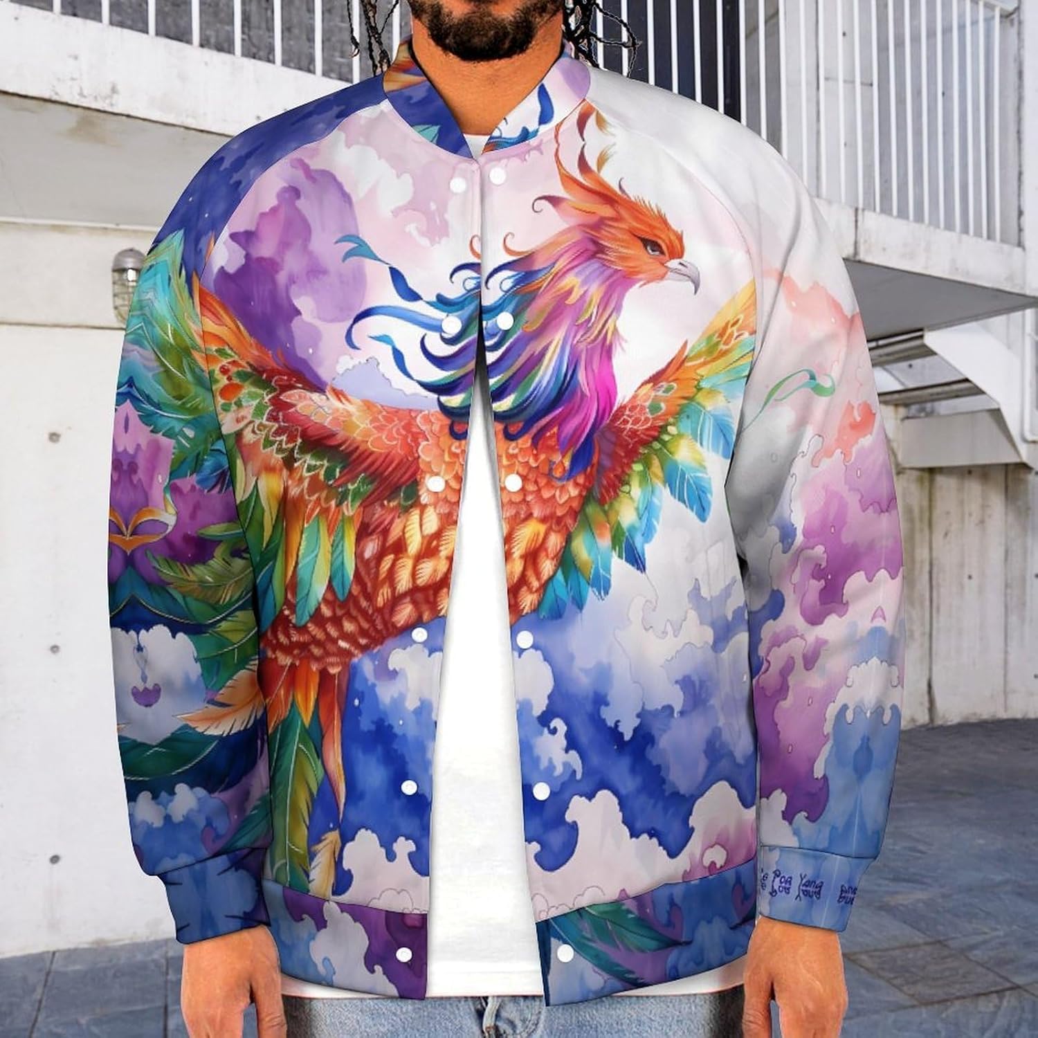Colorful Phoenixes Clound Novelty Men's Baseball Jackets Causal Sweatshirt Button Top Long Sleeve Coat