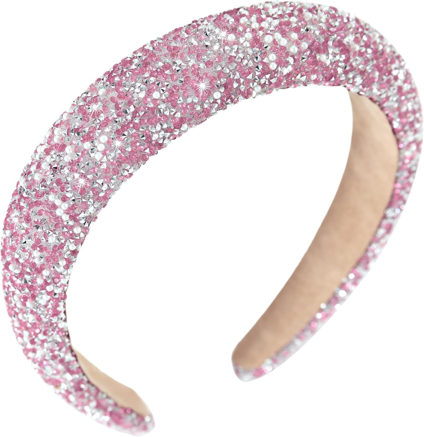 KGAIXN Diamond Rhinestone Jeweled Headbands for Women Girls Bling Sparkle Beaded Crystal Thick Padded Hairband Non Slip Glitter Hair Hoop Accessories, C-Pink