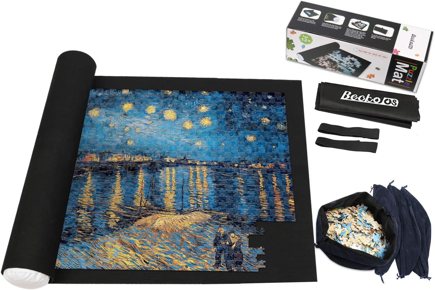 Becko Jigsaw Puzzle Roll-up Mat with 4 Sorting Pouches & Drawstring Storage Bag, Puzzle Storage Felt Mat for up to 1,500 Pieces, Environmentally Friendly Materials, for Jigsaw Puzzle Players