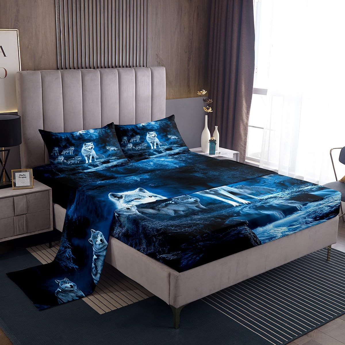Erosebridal Wolf Bed Sheets Set King Size for Kids Boys Teen,Moon Lake Decor Bedding Set Starry Sky Sheet Set Exotic Tribal Animal Sheets Wild Wolf with 2 Pillow Cases Blue Flat Fitted Sheet
