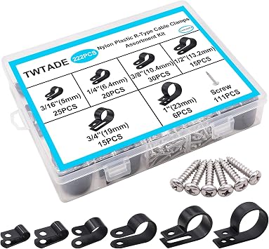 TWTADE 222PCS Black Cable Clamps Assortment Kit,Nylon Plastic R-Type 6 Sizes 3/16 1/4 3/8 1/2 3/4 1 Cable Mounting Wire Clips Fastener with Screws for Wire Management