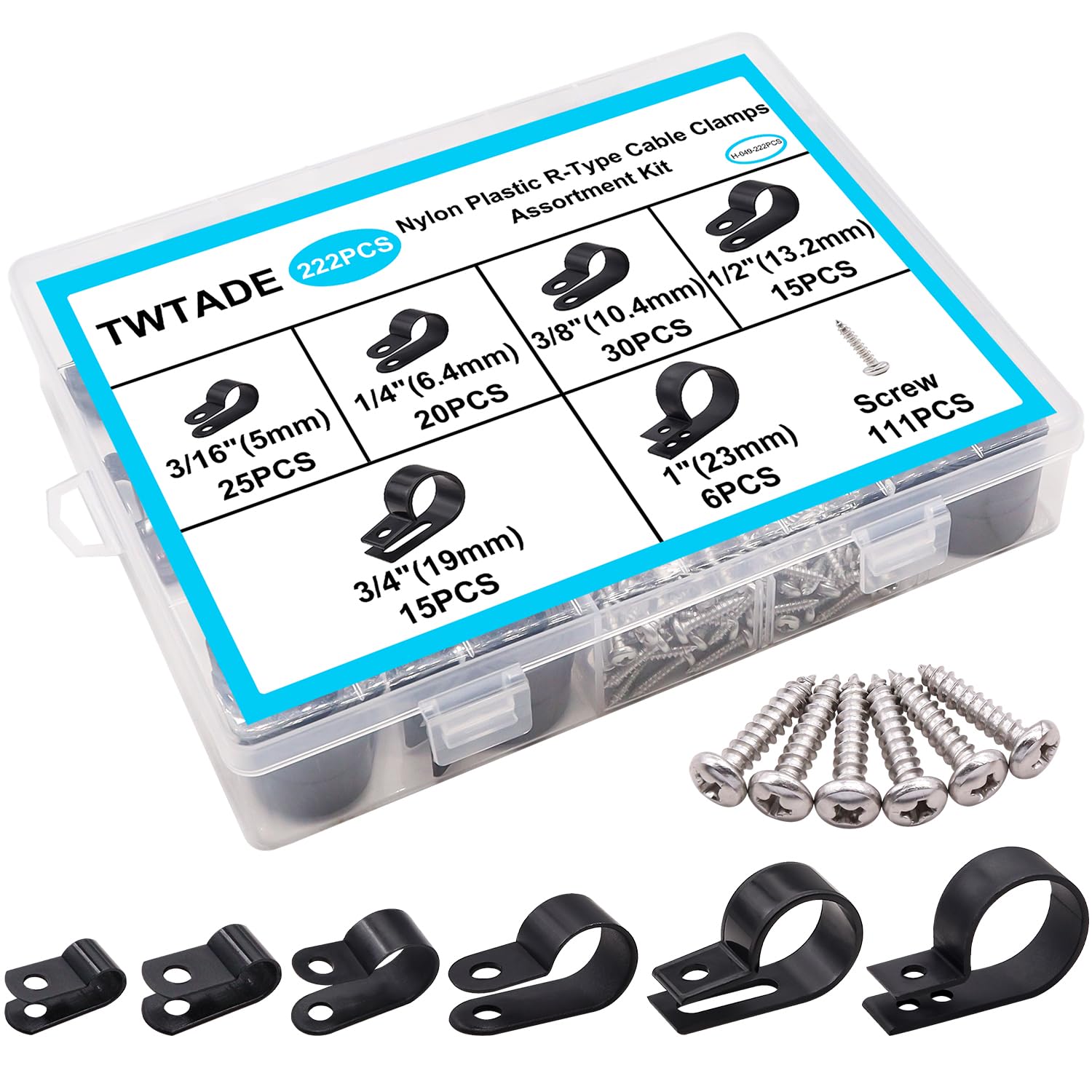 JORREP 322-Piece R-Type Nylon Cable Clips Assortment Kit – 6 Sizes (3/16 To 1) With Matching M4 Screws, Fire-Resistant PA66, Storage Case – Perfect For Wire Management In Office, Garage, Or Workshop