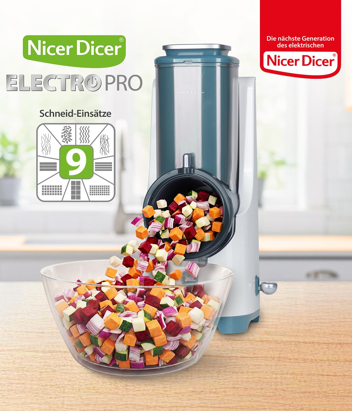 Genius Nicer Dicer Electro PRO Set 32-tlg., sage, Gemüseschneider elektrisch mit 9 Einsätzen zum Reiben, Hobeln, Würfeln & Schneiden, extra-scharfe Klingen, einfache Reinigung, leistungsstark