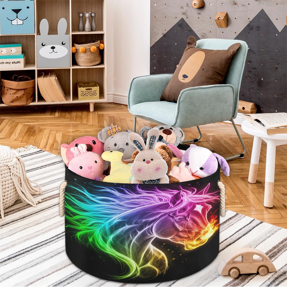 Large Storage Baskets - Rainbow Fire Horse Nursery Round Collapsible Organizer Bin Box, Laundry Hamper for Kids Toys, Blanket, Bedroom Living Room Home Decor, Gift Basket, 19.4"x13.3"