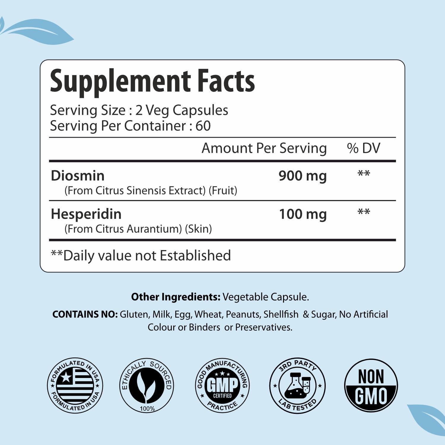 Diosmin Hesperidin 1000mg Complex, Citrus Bioflavonoid Rich Fruit Extract, 120 Vegan Capsules, 2 Month Supply, Non-GMO and Gluten Free Diosmin Supplement - Image 2
