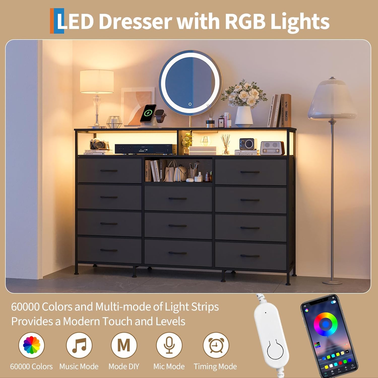 Dresser for Bedroom with 11 Fabric Drawers, Featuring Power Outlet & LED Lights, Wooden Top, 55”w TV Stand for Chest of Drawers for Closet and Entryway