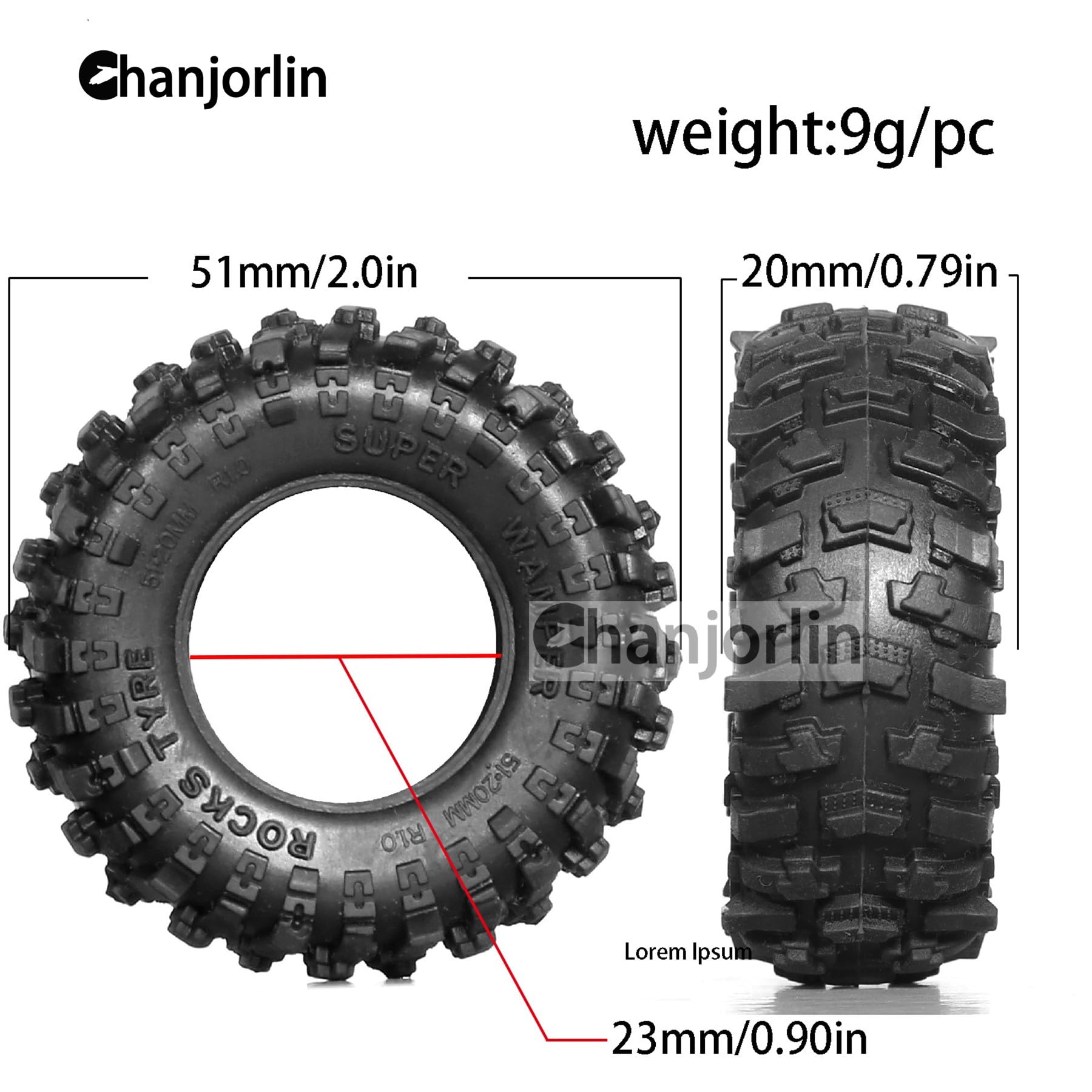 Chanjorlin 1.0 RC Crawler Tires OD 51mm 1/24 1/18 All Terrain Super Soft Sticky Rubber Mud Slingers Wheels Tyres with Foam for 1:24 1:18 Rock Crawler Car Axial SCX24 FMS AX24 FCX18 FCX24 TRX4M 4PCS