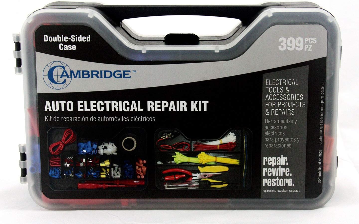Cambridge Electrical Repair Kit with Case, 399 Piece Assortment of Wire Terminals, Wire Connecters, Zip Ties, Screwdrivers, Pliers, Test Leads, Tester, Crimper, Electrical Tape