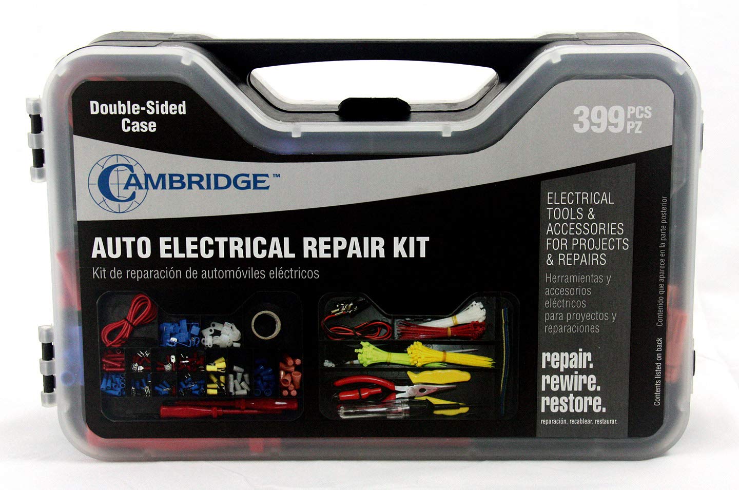 Cambridge Electrical Repair Kit with Case, 399 Piece Assortment of Wire Terminals, Wire Connecters, Zip Ties, Screwdrivers, Pliers, Test Leads, Tester, Crimper, Electrical Tape