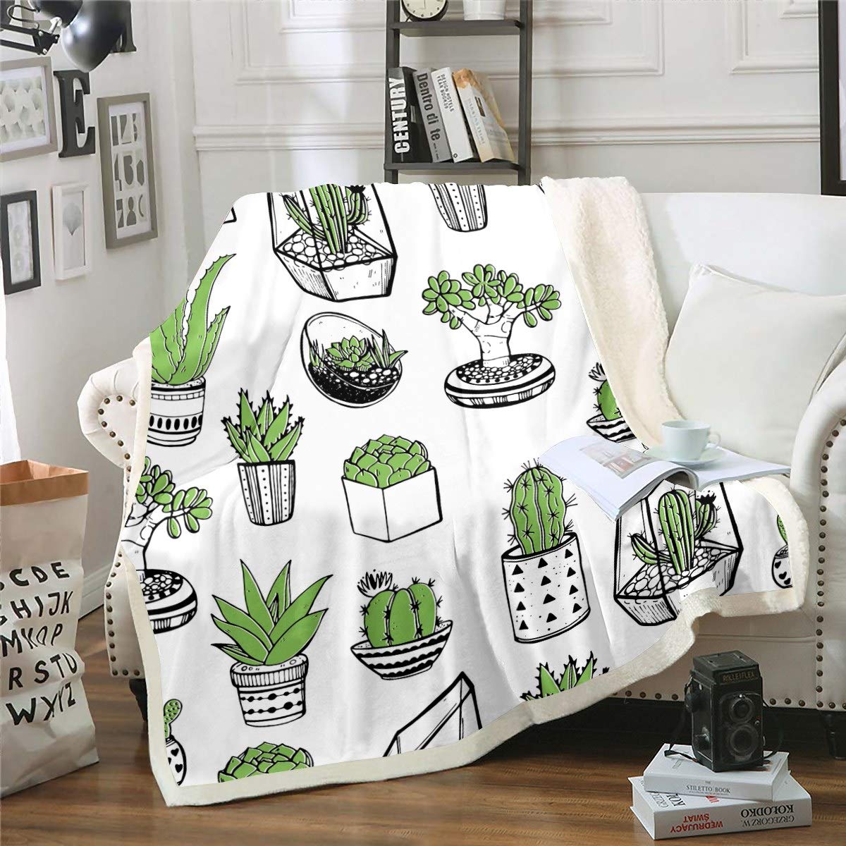 Loussiesd Cactus Printed Boho Succulent Green Botanical Pattern Throw Blanket for Couch Chair Sofa Chic Potted plants Warm Plush Blanket Ultra Soft Room Decor Double 60"x79"