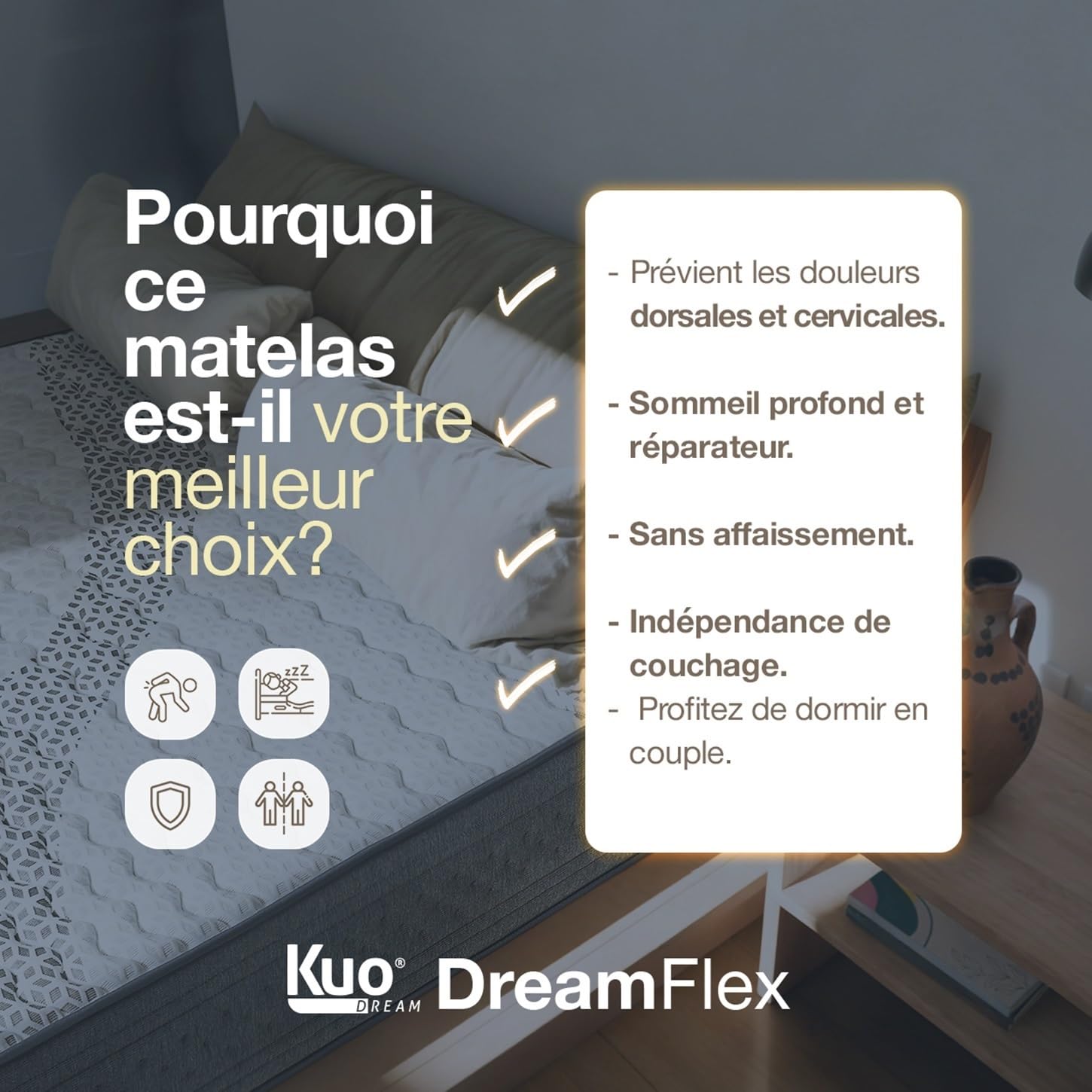 KUO Dream - DreamFlex | Matelas à mémoire de Forme | Hauteur 23 cm | Ergonomique et Respirant | Face Été/Hiver | 140 x 200 cm
