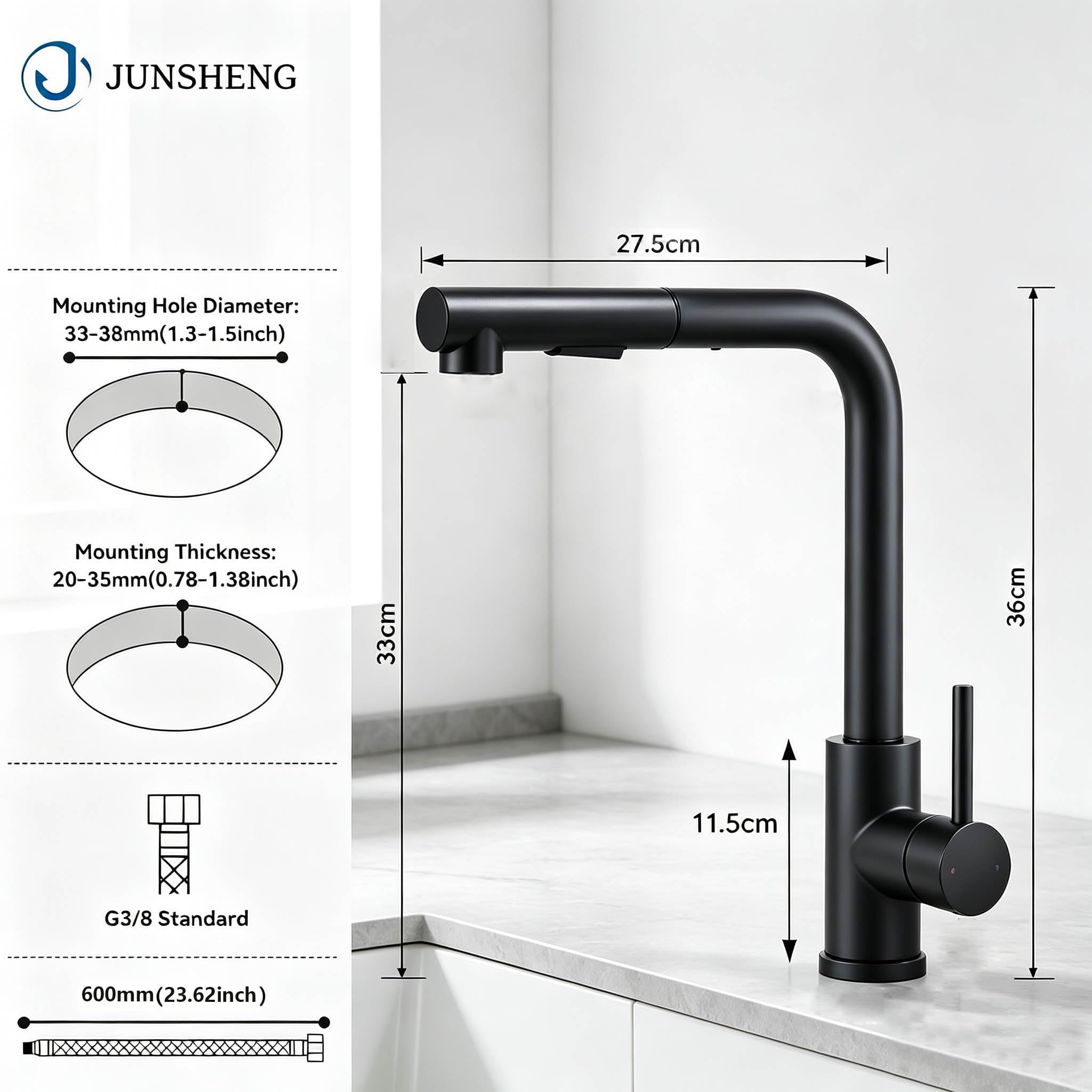 Robinet Cuisine Noir 2 Modes de Réglage avec Douche Extractible | JUNSHENG Robinet Cuisine Noir 2 Modes de Réglage avec Douche Extractible Mitigeur de Cuisine Pivotant à 360 Degrés