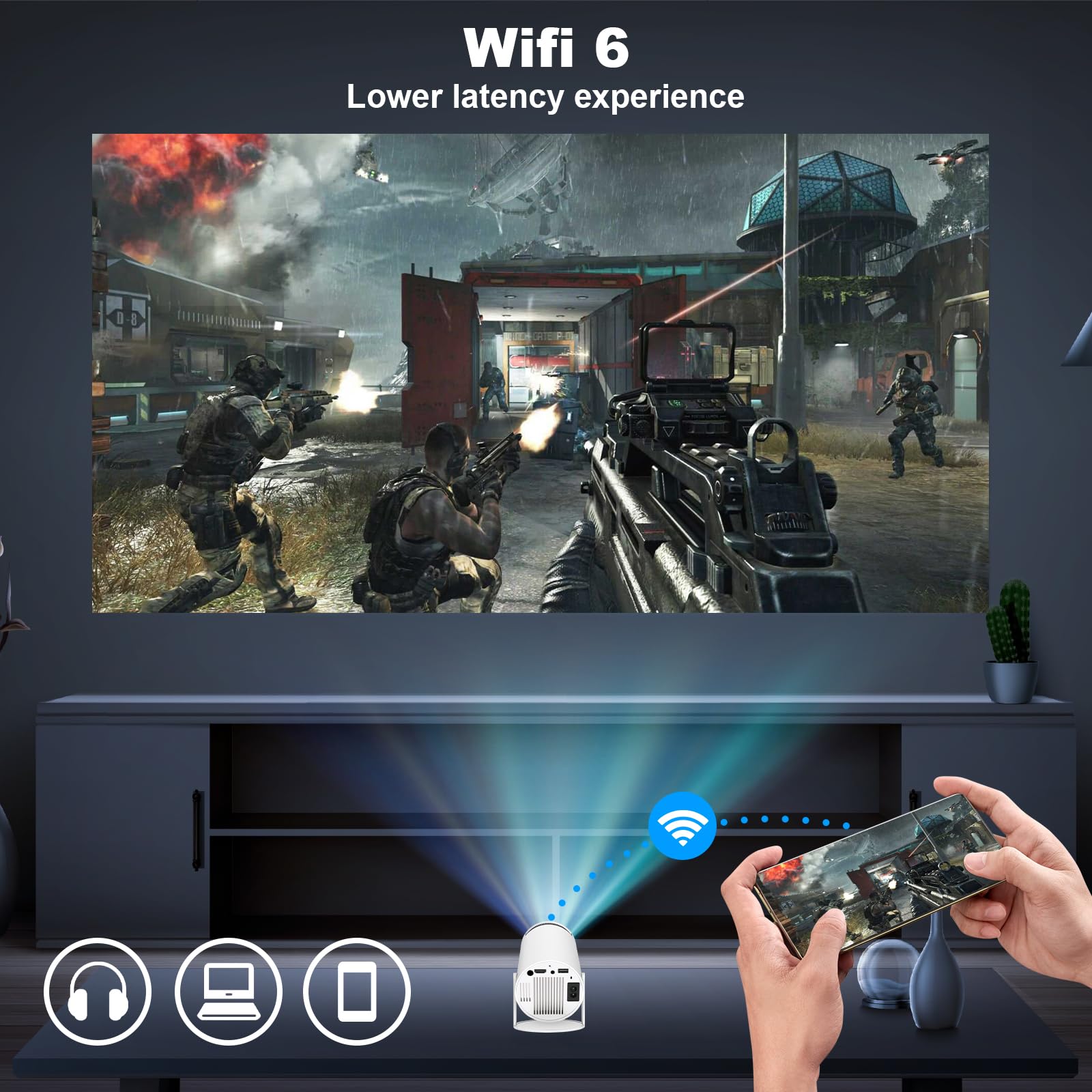 [Apps intégrées] Projecteur Video Mini Vidéoprojecteur avec WiFi 6 et BT 5 Mini Projecteur Supporte 4K 1080P Auto Keystone Rotation 180° Compatibile avec HDMI/TV Stick Laptop (HY300)