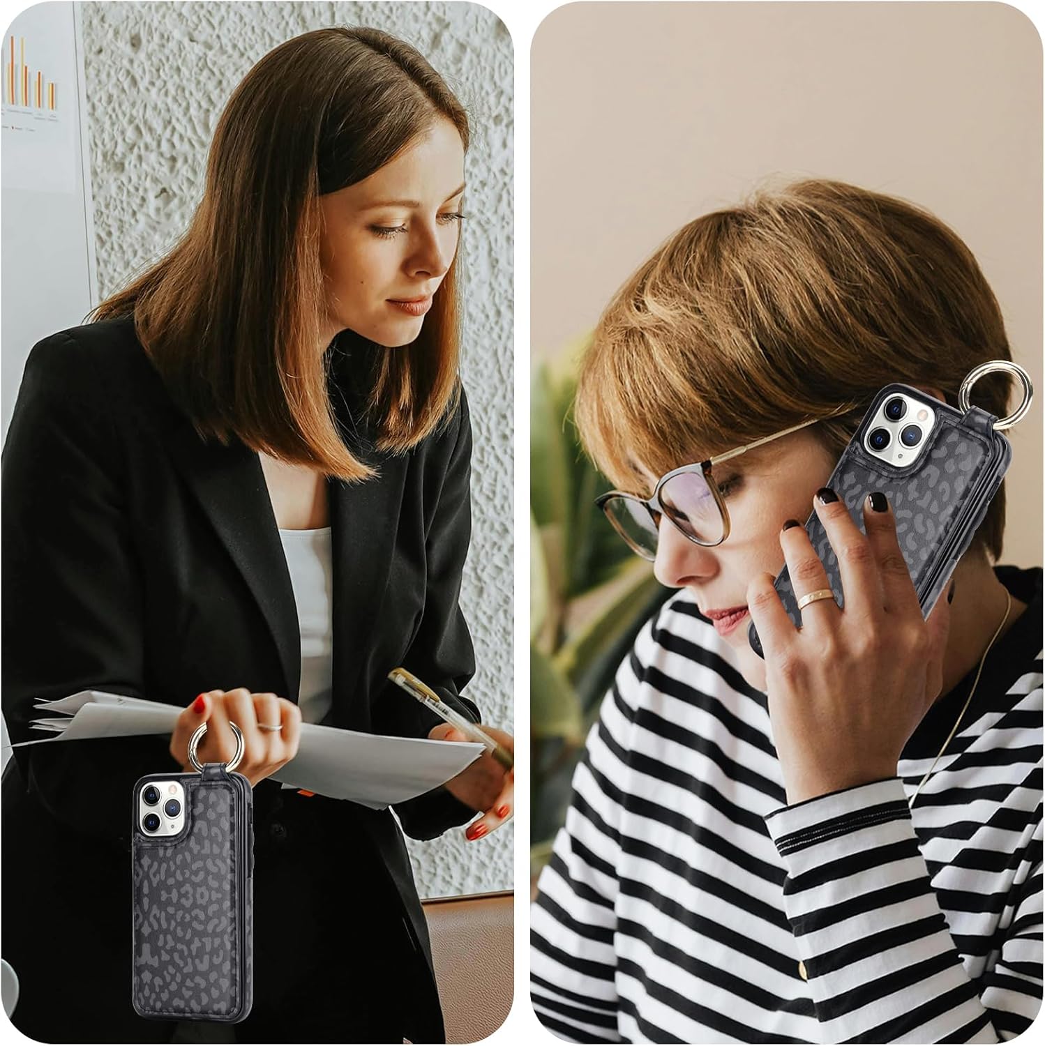 HAOPINSH for iPhone 11 Pro Wallet Case with Card Holder, Black Leopard Cheetah Pattern Back Flip Case PU Leather Kickstand Card Slots Case, Finger Grip Ring Double Magnetic Clasp Cover 5.8"