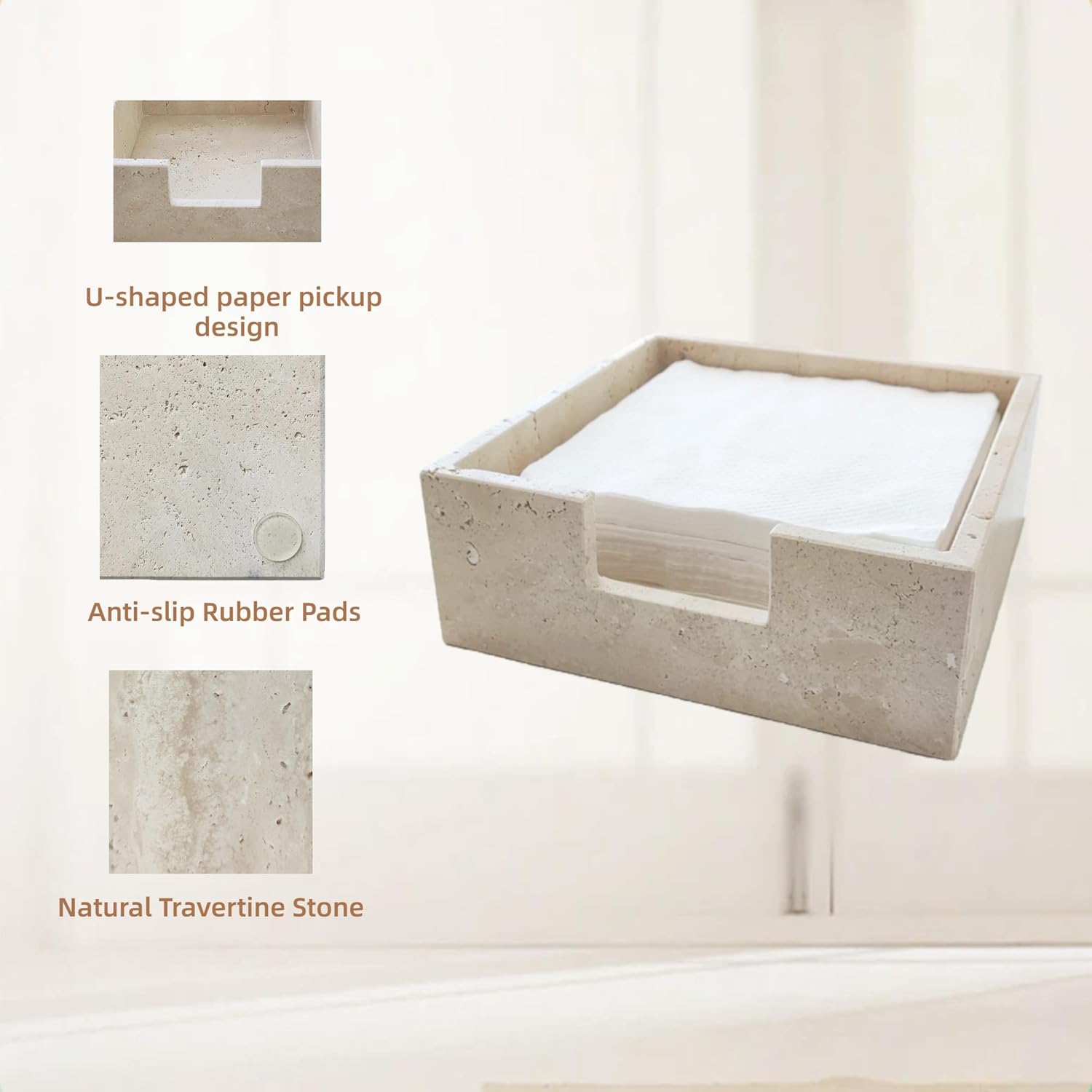 Travertine Marble Napkin Holder 7.5 Inchs for Table,Stone Flat Napkin Dispenser for Kitchen Restaurant Dining Room Countertop Decor