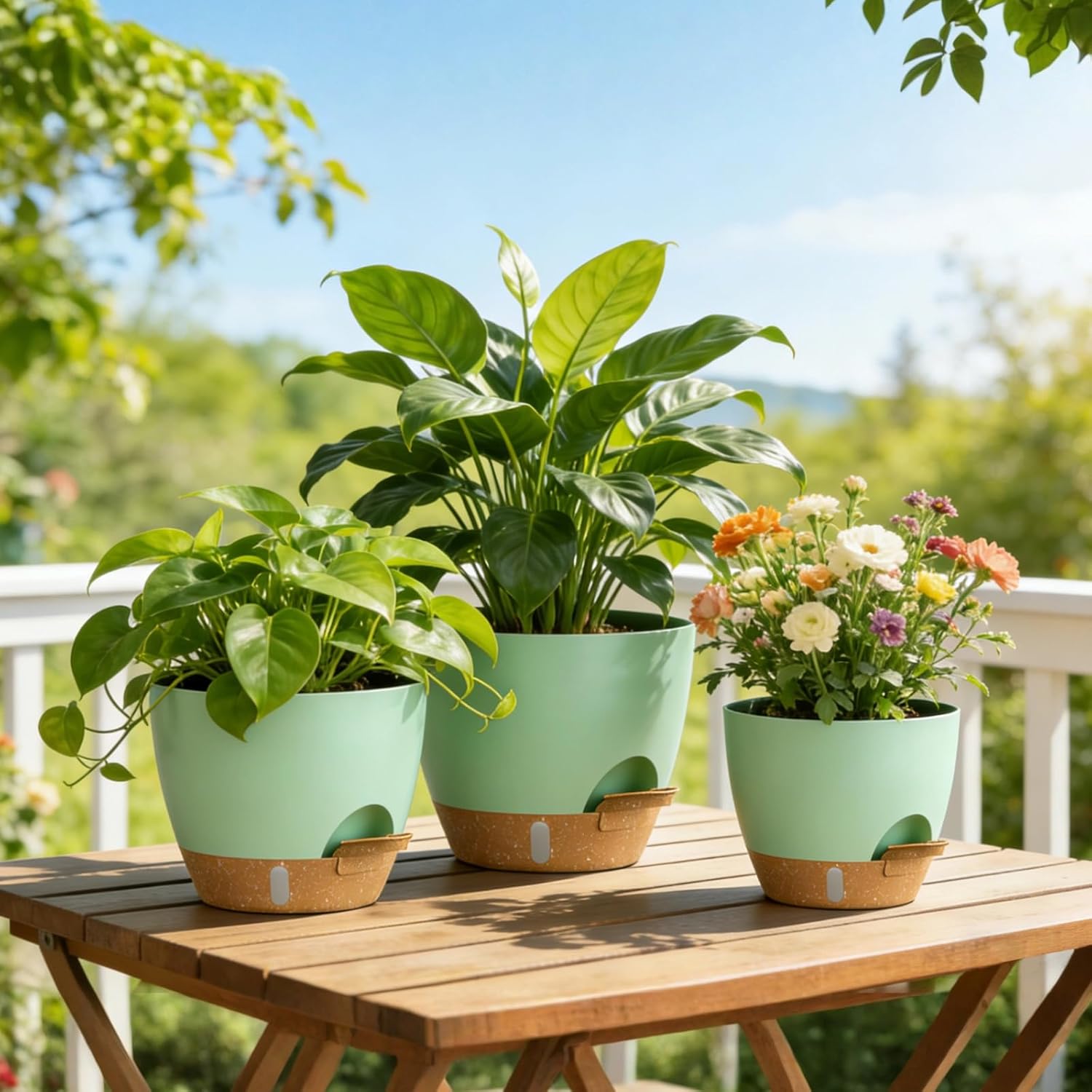 Plant Pots, 4 Pack 12/10/9/8 Inch Self Watering Pots with Drainage Holes, Water Level Indicator Deep Reservoir, Large Planters for Indoor Outdoor Plants - Green Brown