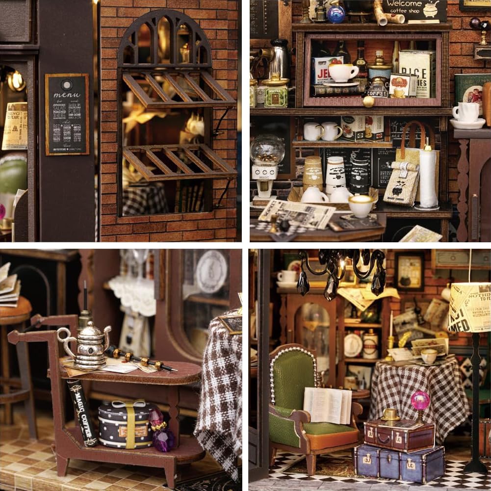 Miniaturowy zestaw Magic Coffee Shop domek dla lalek, drewniany zestaw do domku dla lalek, miniaturowy zestaw domków ze światłem LED, kreatywny pomysł na pokój dla dorosłych