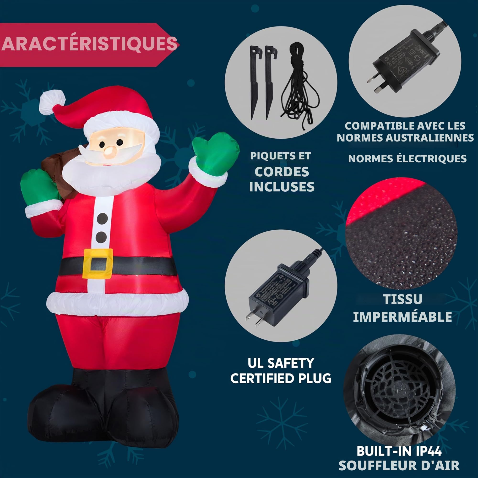 Joiedomi Père Noël gonflable de 1,8 m Sac cadeau de Noël géant gonflable à LED pour décoration de cour, intérieur ou extérieur