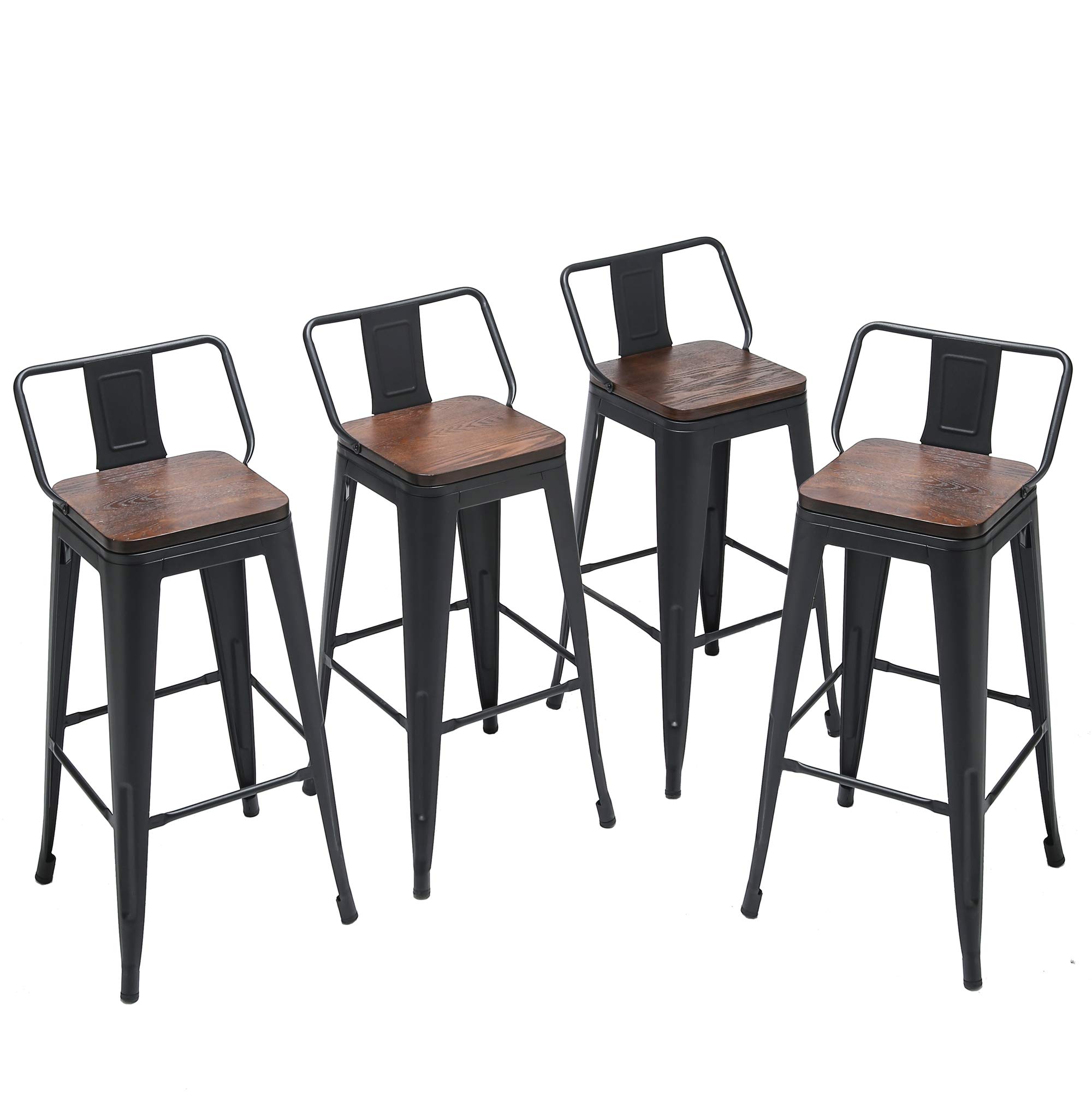 Yongqiang Metal Bar Stools with Back Set of 4 Barstools Chairs Bar Height Stools with Wooden Seat 30" Matte Black