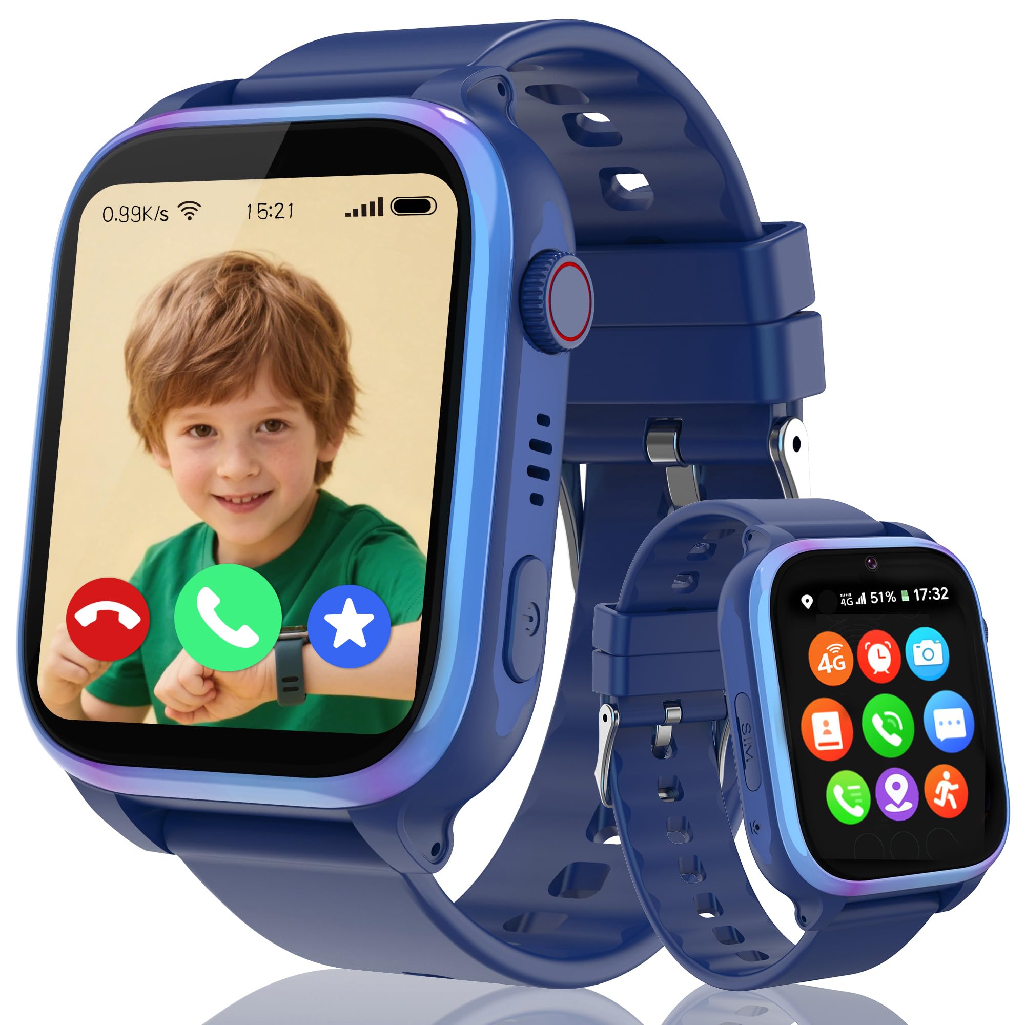 4G Reloj Inteligente Niño, Smartwatch Niño con GPS y Llamadas, HD Videollamada, Chat de Voz, SOS, Modo Escuela, Podómetro, Cámara, Despertador, Juegos, IP68 Impermeable, Regalo Niñas y Niños Azul