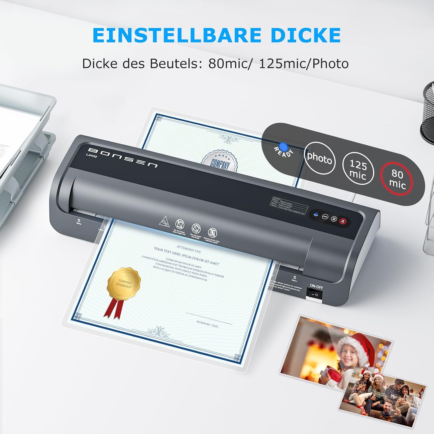 BONSEN A3 Laminator showing adjustable pouch thickness settings: 80mic, 125mic, and Photo mode.