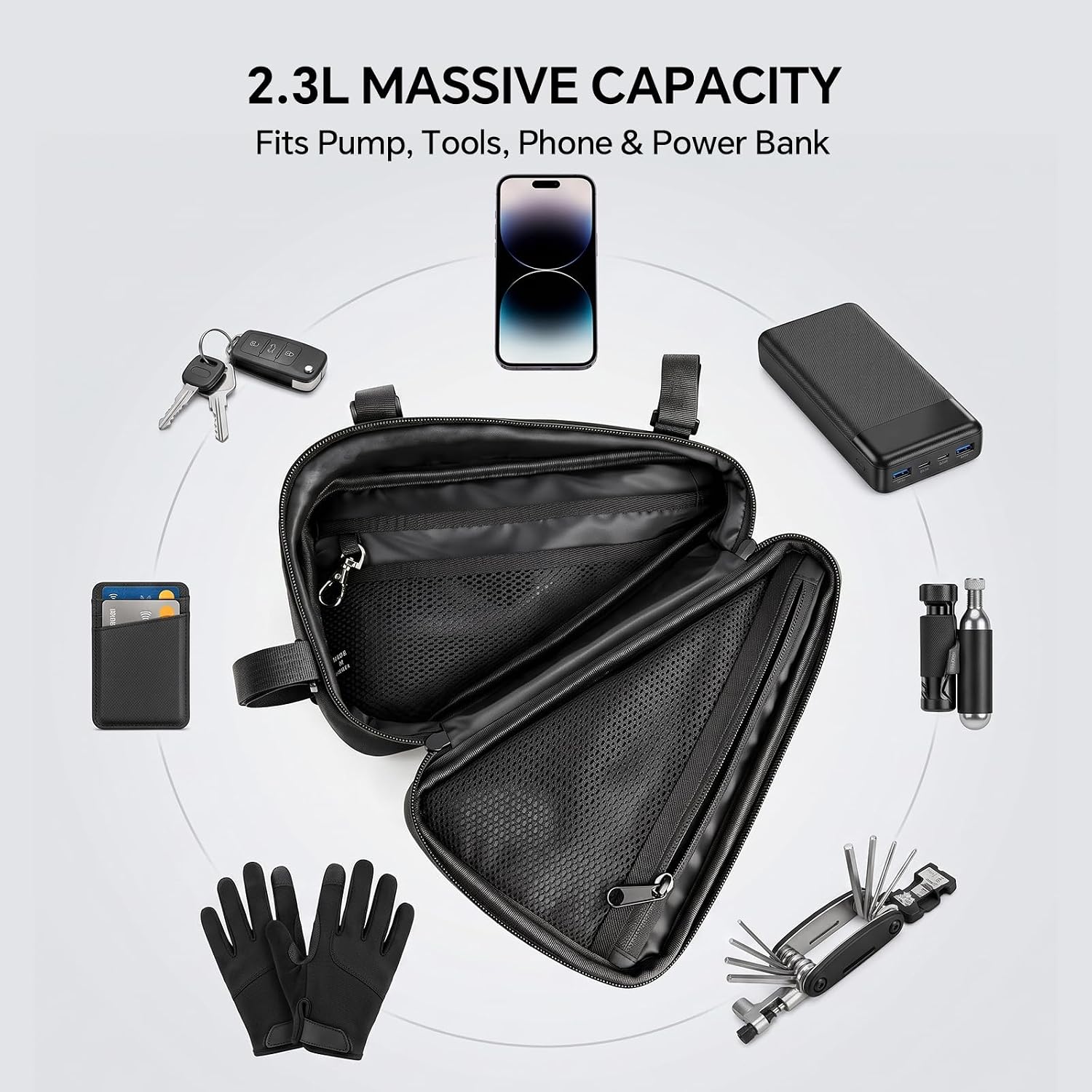 Bike Frame Bag, 2.3L Water-Resistant Bicycle Triangle Storage Bag with Inner Pockets, Slim Under Top Tube Pouch Bike Pack for Mountain, Road, Folding Bikes