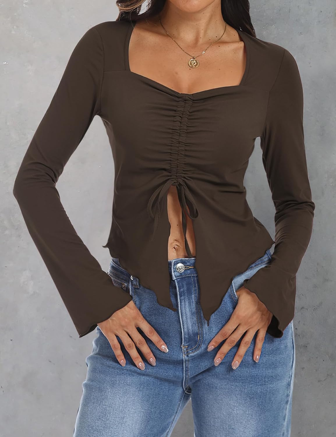 AIMCOO Women's Long Bell Sleeve Tops Tie Front Crop Top 2025 Sexy Y2K Sweetheart Neck Going Out T Shirts Tees - Image 2