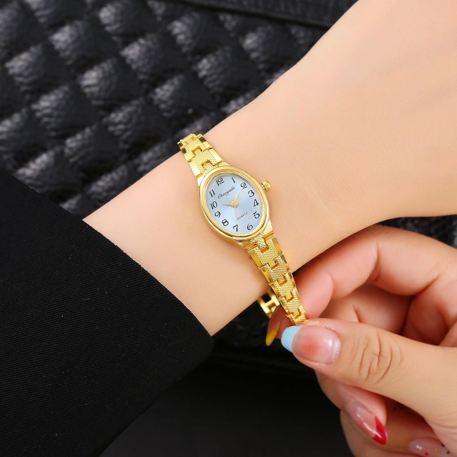 Luxury Watches for Women with Small Vintage Bracelet Elegant Oval Dial Fashion Quartz Wrist Watch (Gold Blue) - Image 3