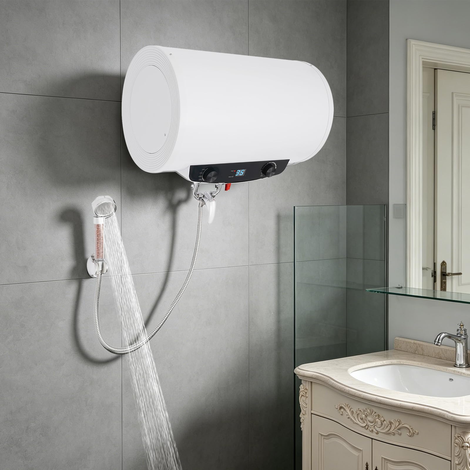 Calentador de agua caliente eléctrico, 30 L, 220 V, 2000 W, montaje en pared, calentador de agua horizontal, ducha, equipado con grifo, cabezal de ducha, 3 mangueras
