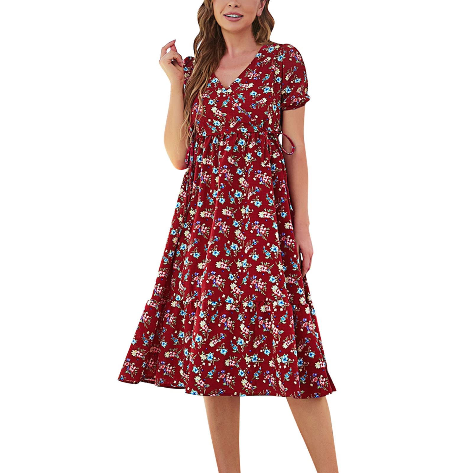 Generico Hawaii-Kleid mit Blumen für Damen, elegantes kurzärmeliges Kleid mit Schnürung, hohe Taille, V-Ausschnitt, mit Blumendruck, lockere und leichte Kleidung, Freizeitkleid für den Urlaub