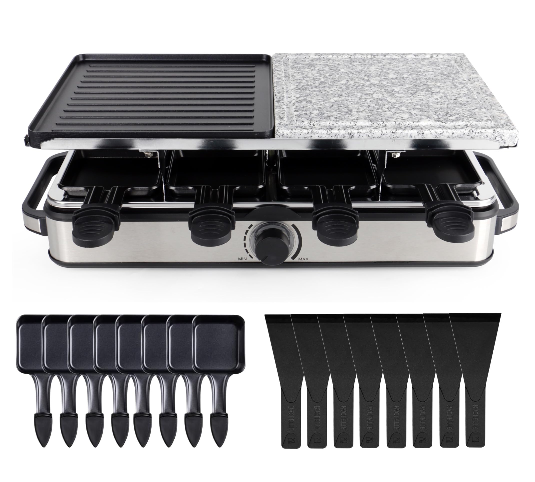 8 Personen Raclette Set - Tischgrill inkl. Pfännchen & Schaber - Grillplatte & Steinplatte antihaftbeschichtet (Eckig)