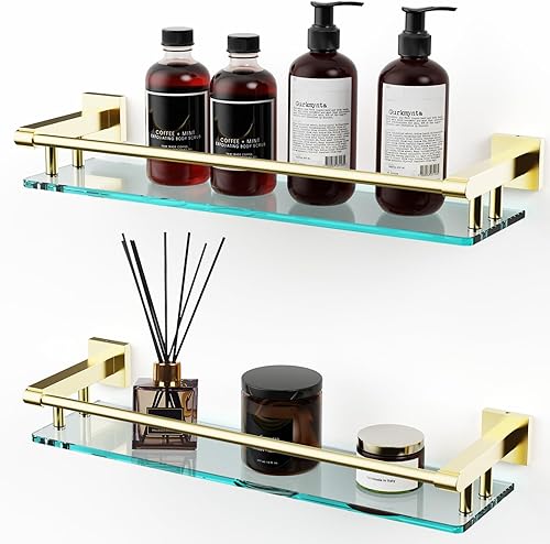 Miniatura 7 de Estante de vidrio para baño, vidrio templado de 20 pulgadas con barandilla de acero inoxidable dorado cepillado, estantes de vidrio flotantes para