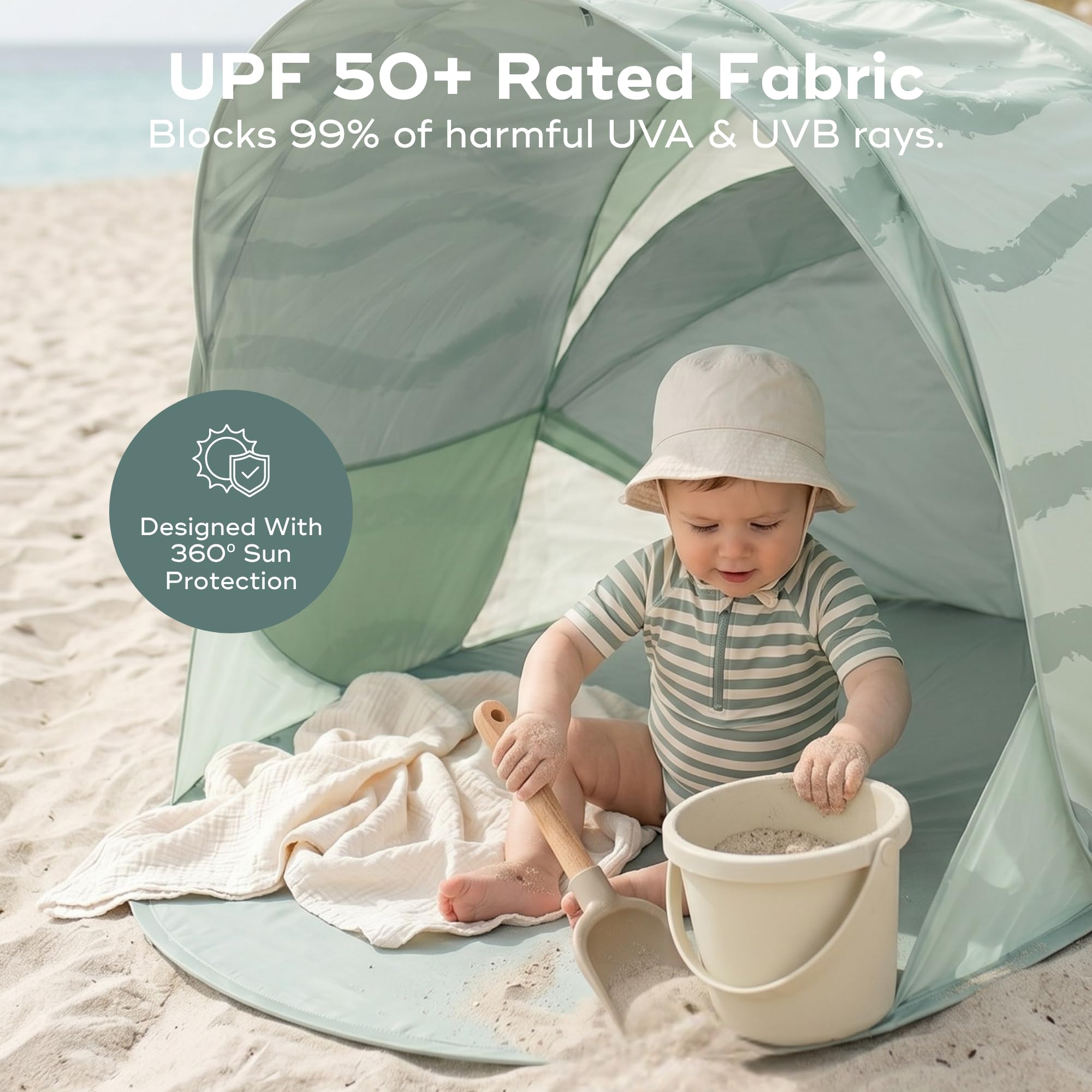Babymoov Moov & Protect Tente de Plage Anti-UV pour bébé avec moustiquaire intégrée, Portable, Vert Lagon (édition été 2025)