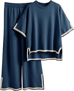 Tanming Sweater Sets Women 2 Piece Lounge Sets Short Sleeve Knit Pullover Tops Wide Leg Pants