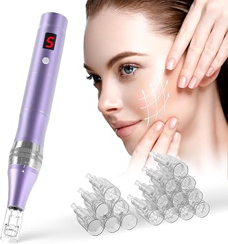 Professional Wireless Microneedling Pen Derma Pen with 16 Replacement Cartridges 5 Speeds Adjustable Micro Needling Microneedle Machine for Skin Care Purple