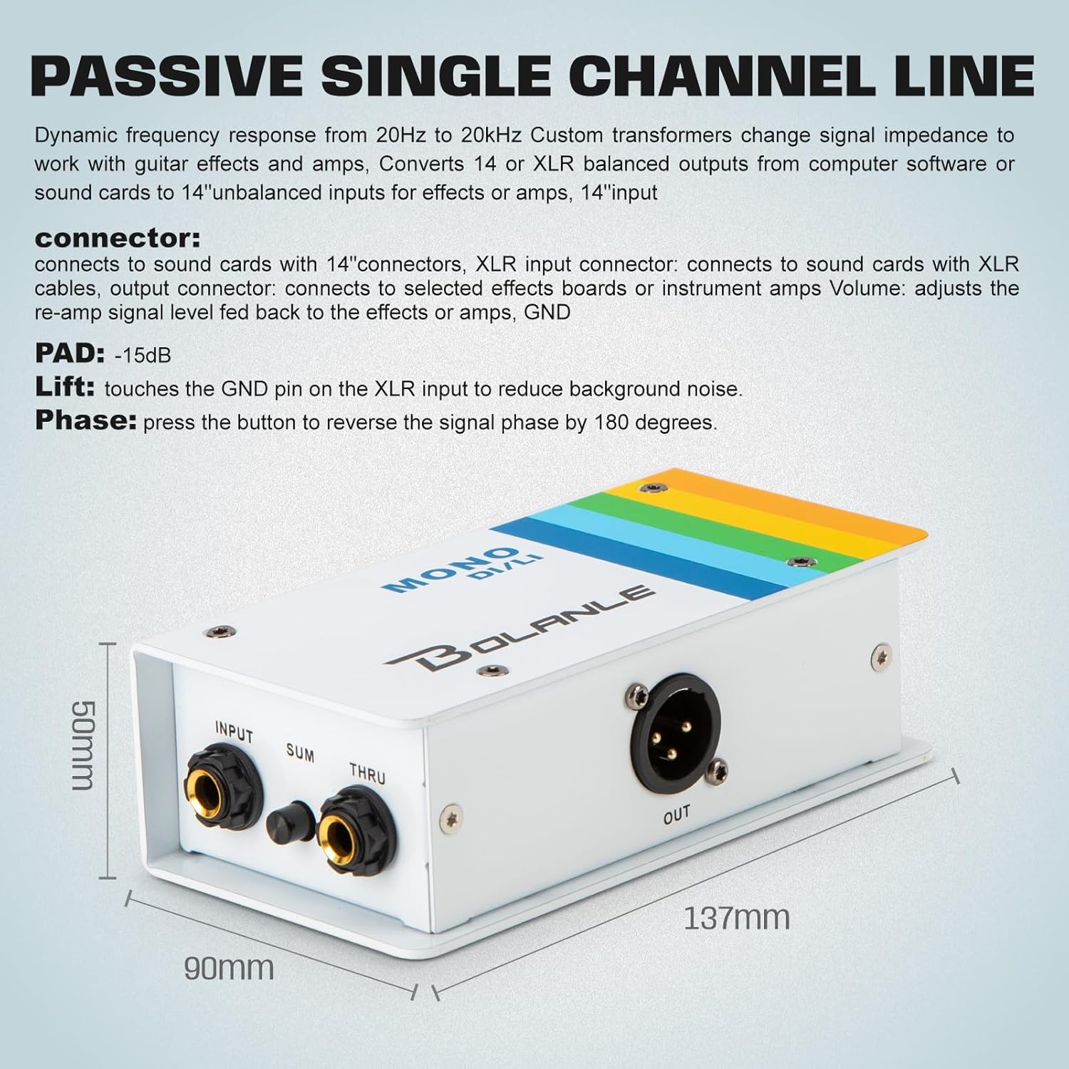 Bolanle Passive DI/LI Box Direct Box Line Isolator, Single Channel for Guitar Bass Keyboard, 1/4 Input XLR Balanced Output, 15dB PAD, GND Lift, THRU Output, SUM/MONO, Phase Reverse for Studio Stage
