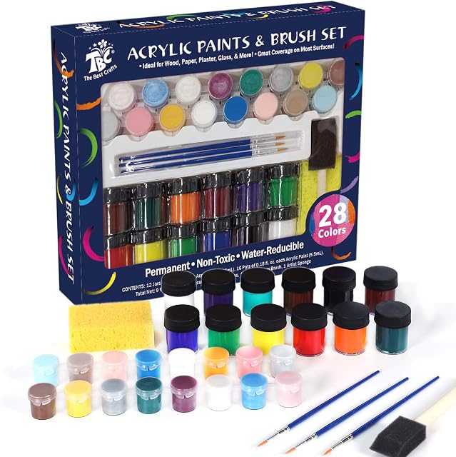 TBC The Best Crafts, Acrylic Paint with 3 Brushes Water-Reducible Vibrant Colours Educational Grade Arts and Crafts Supplies