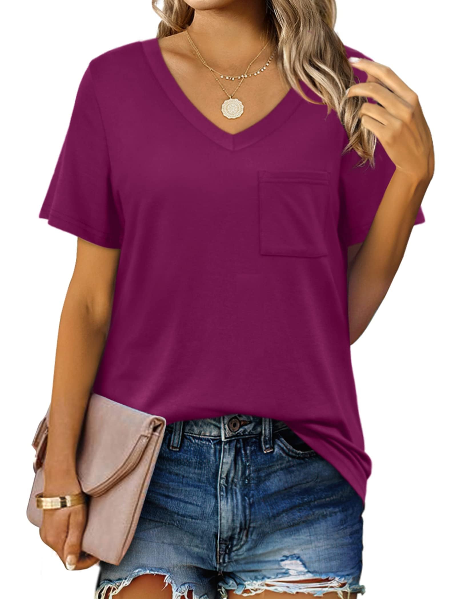 Suncife Lässiges Sommer-T-Shirt für Damen, kurzärmelig, V-Ausschnitt, T-Shirt mit Tasche