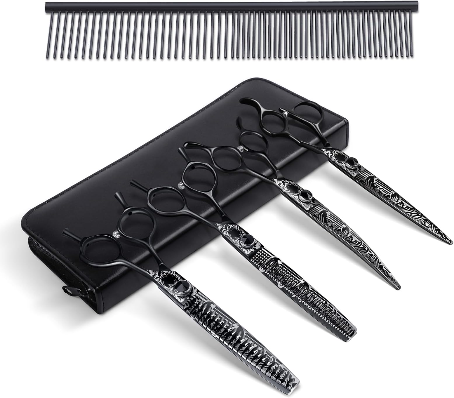Professional 6 in 1 Dog Scissors Set - Thinning Shear, Straight Scissor, Chunker, Down-curved Shears and Comb for Cat Pet (Black, 7")