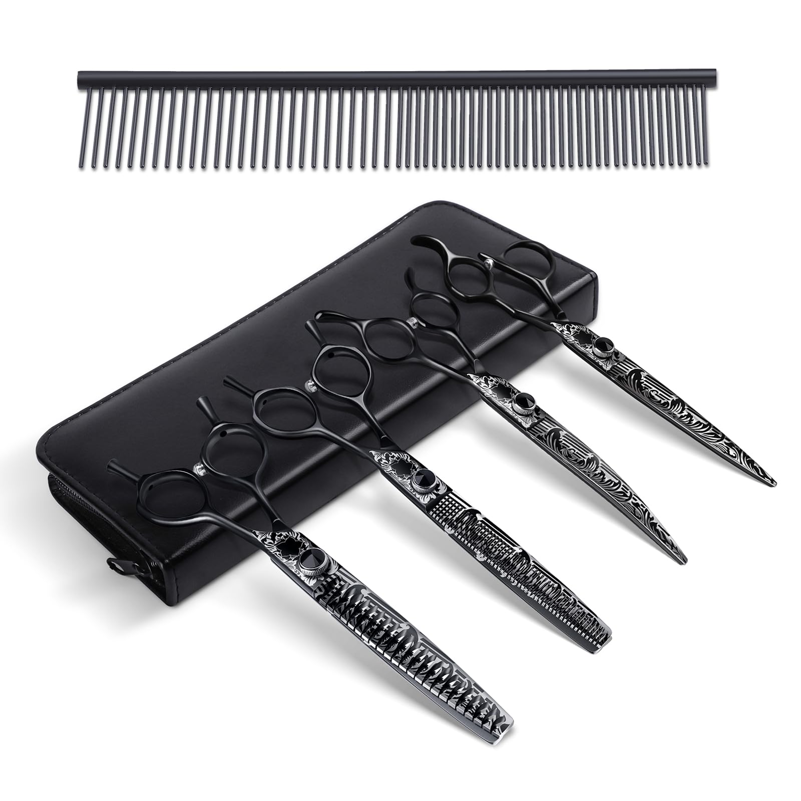 JASONDog Grooming Scissors Kit, Professional 6 in 1 Dog Scissors Set - Thinning Shear, Straight Scissor, Dog Chunker, Down-curved Shears and Comb for Dog Cat Pet (Black, 7")