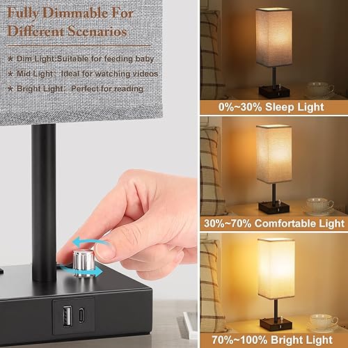 Miniatura 4 de Juego de 2 lámparas de mesita de noche totalmente regulables, color gris, con puertos de carga USB C+A y 2 salidas de CA, juegos de lámparas
