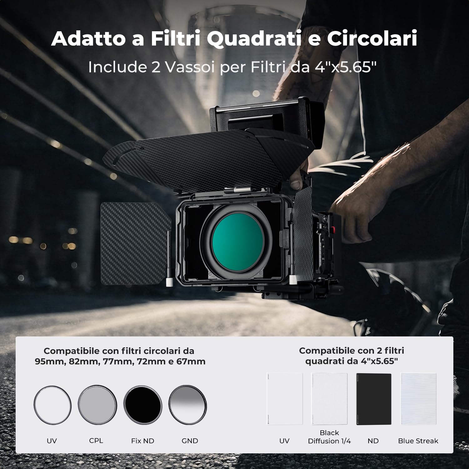 K&F CONCEPT Mini Matte Box con 2 Portafiltri da 4“ x 5,65” e Alette in Fibra di Carbonio, per Fotocamere DSLR Mirrorless con 5 Adattatori ad Anello Circolare (67/72/77/82/95mm)