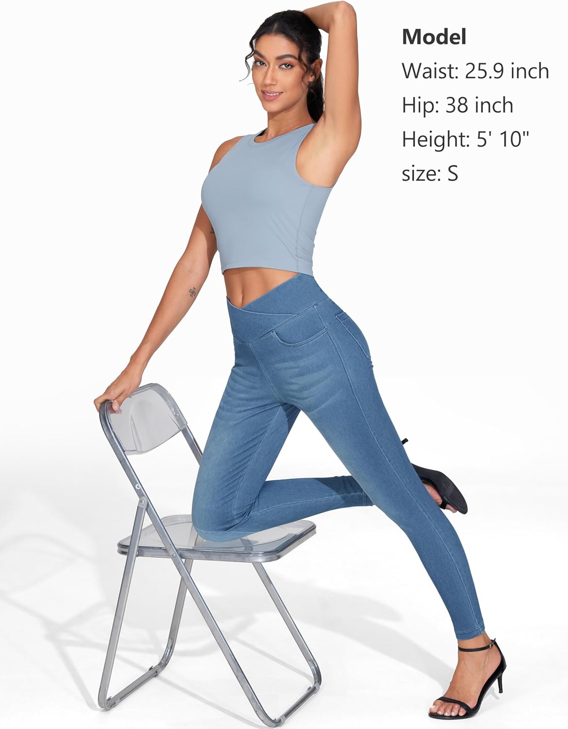 THE GYM PEOPLE Women's V Cross Denim Jegging Pants High Waisted Stretchy Skinny Jean Leggings with Pockets - Image 6