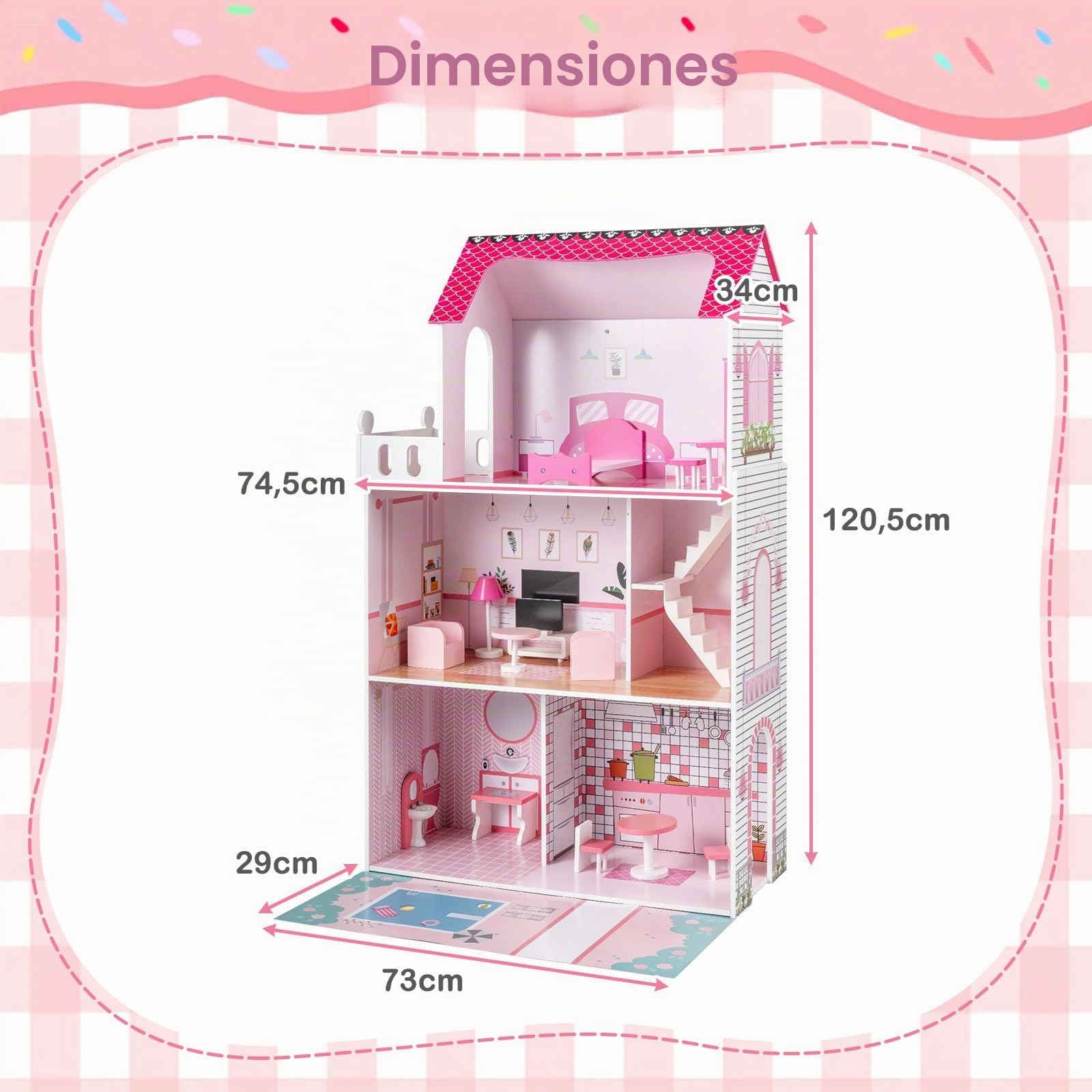 FANTASK Casa de muñecas de Madera de 120,5 cm de Alto, 3 Niveles y 17 Muebles, casa de Juegos para niñas y niños a Partir de 2 años, 73 x 34 x 120,5 cm (Rosa)